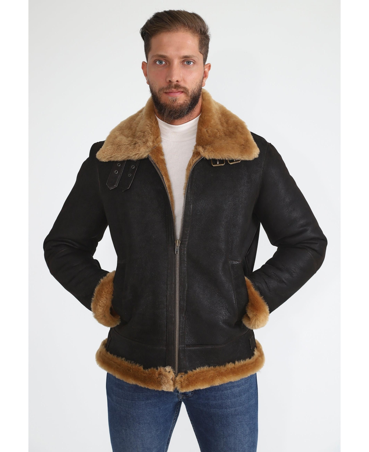 Men's Shearling Aviator Jacket, Washed Brown with Ginger Wool - Black