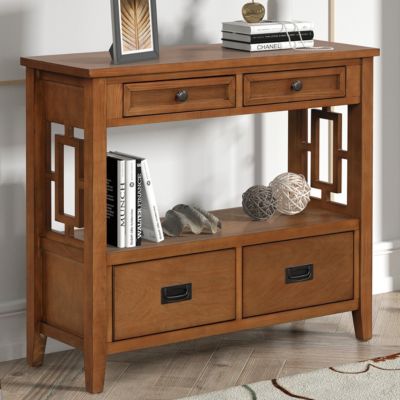 Farmhouse Wood Console Table with Drawers and Shelf