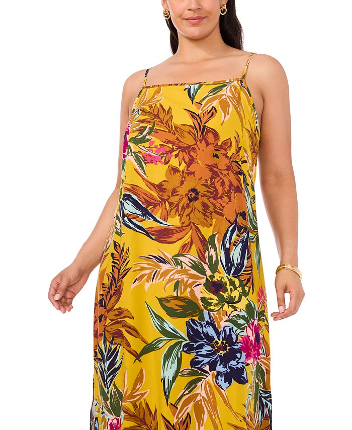 Floral Print Square Neck Sleeveless Wavy Trim Holiday Maxi Dress main image 1