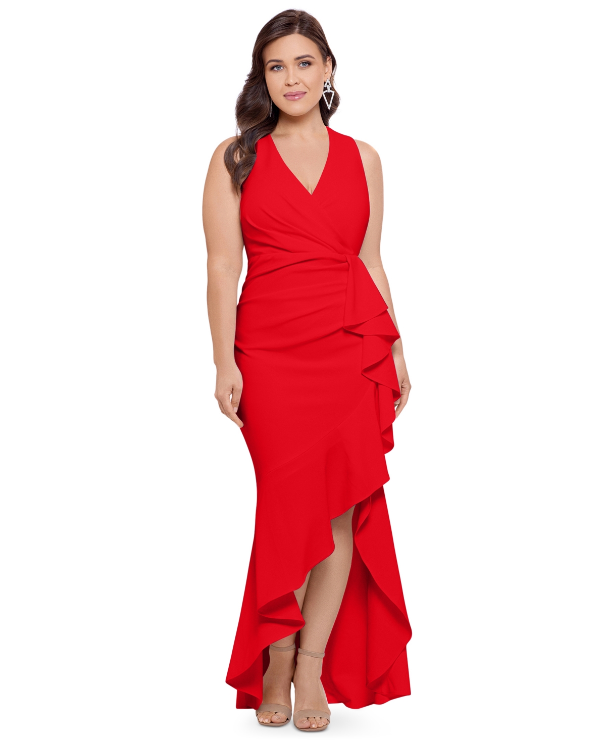 Macy's Betsy & Adam Plus Size Sleeveless Ruffled High-low Gown In Red