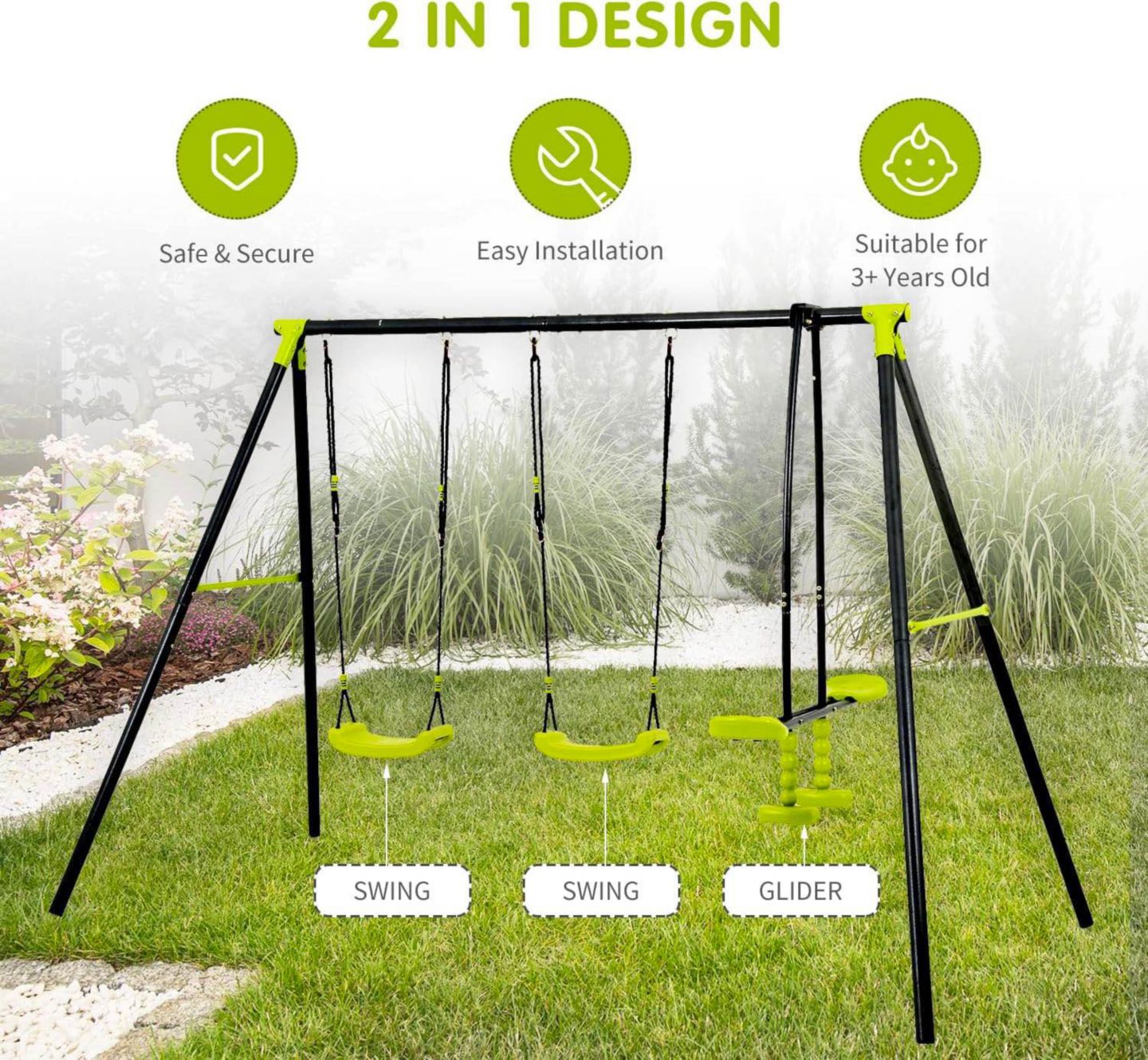Детские игрушки Streamdale Furniture Streamdale Triple Children Swing Set 440Lbs For Outdoors, цвет: Зелёный — фото 5