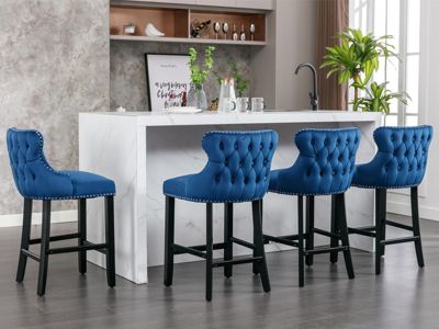  Contemporary Velvet Upholstered Wing-Back Barstools With Button Tufted