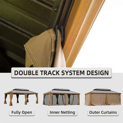 Aluminum Wood Grain Gazebo with Curtains & Netting