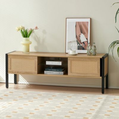  Rattan TV Cabinet with Adjustable Shelf and Colorful Light Strip