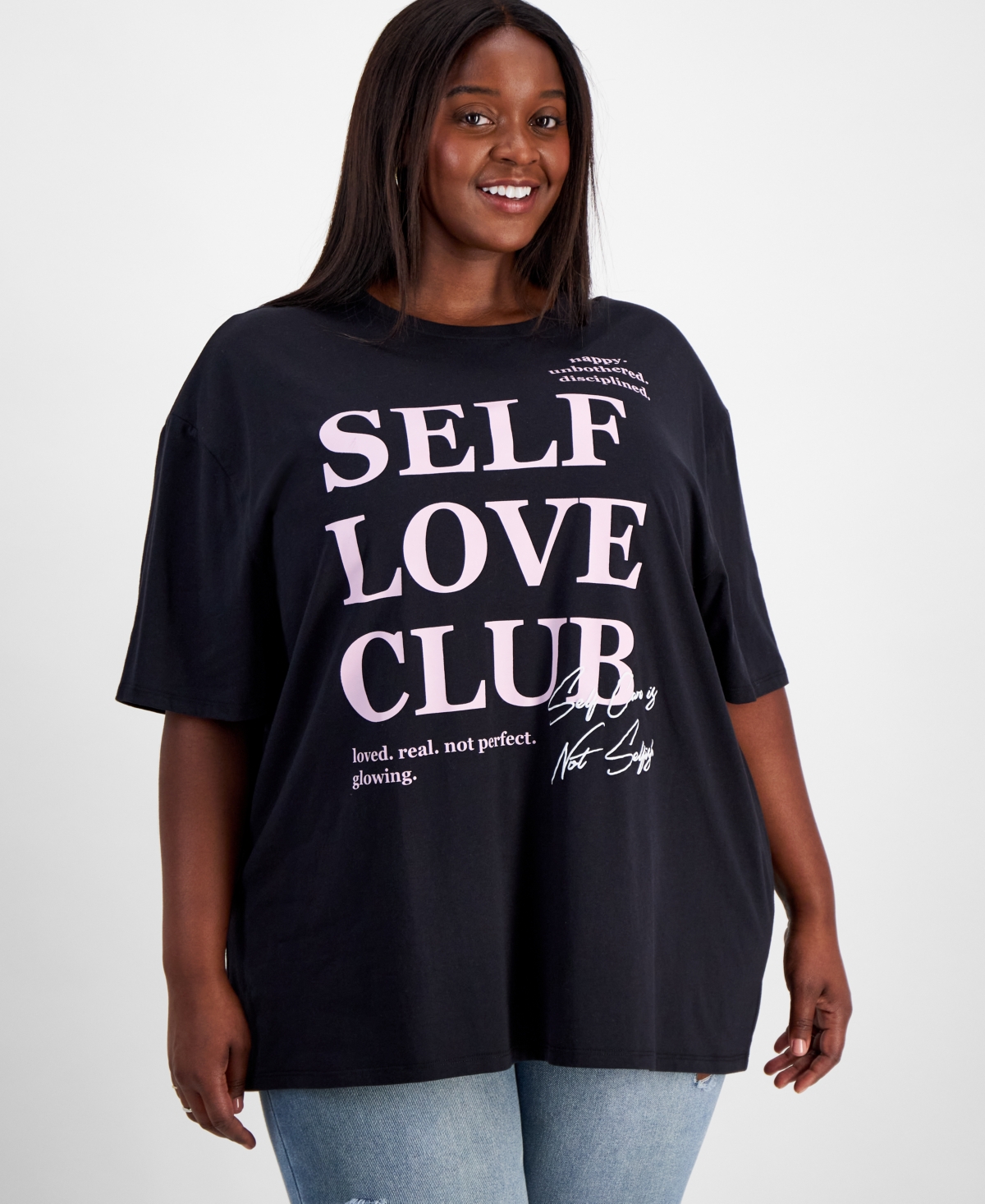 Trendy Plus Size Self Love Club Graphic T-Shirt - Black