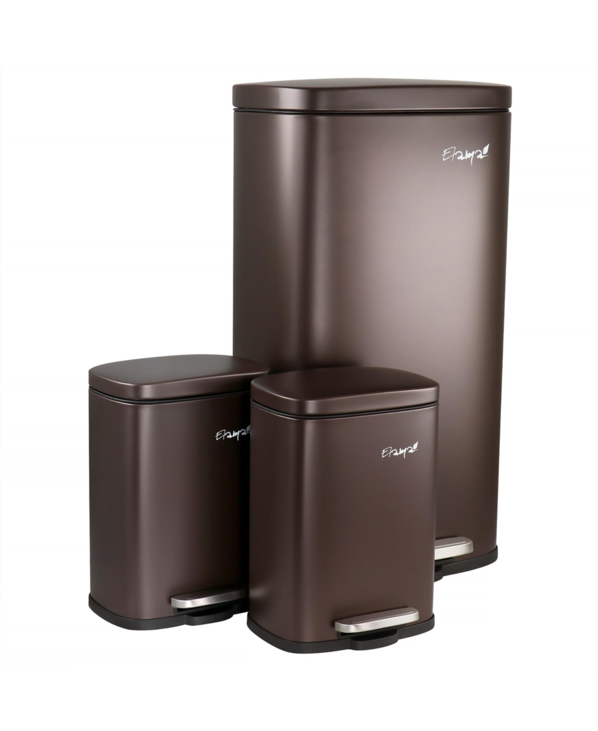 3 Piece 30 Liter and 5 Liter Stainless Steel Step Trash Bin Combo Set with Slow Close Mechanism in Matte Bronze - Brown