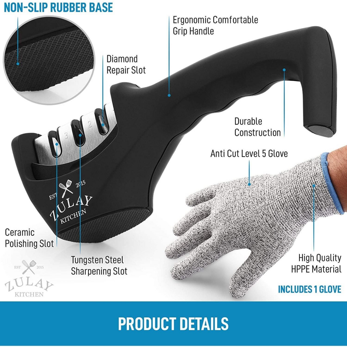 3 Stage Knife Sharpener and 1 Piece Cut-Resistant Glove