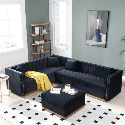 Streamdale Modern Black Velvet Sectional Sofa with Ottoman