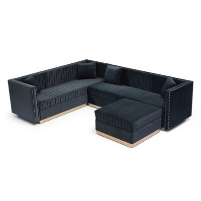 Streamdale Modern Black Velvet Sectional Sofa with Ottoman