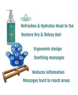 Relaxation Gift Bundle: Palm Shaped Massage Glove, Wooden Foot Massager, and Fractionated Coconut Oil