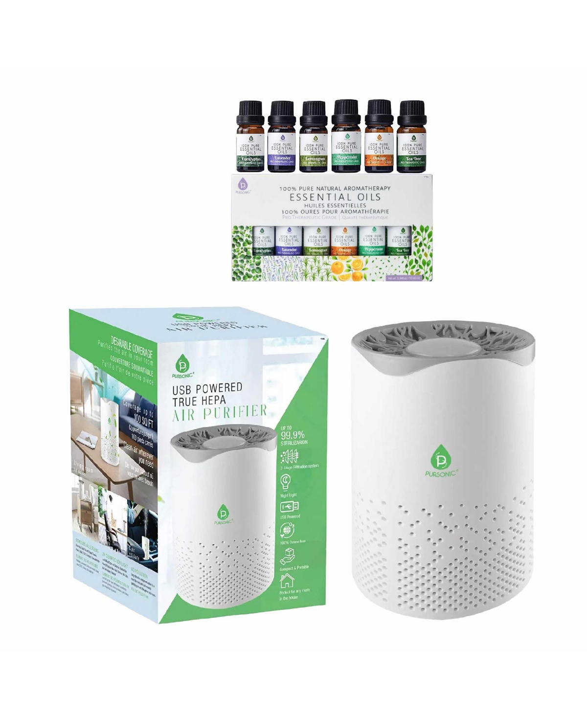 Air Purifier with 6-Pack Premium Essential Oils Collection - White