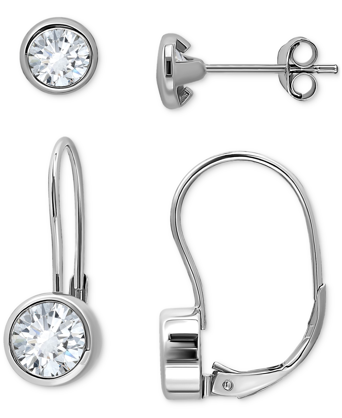 Giani Bernini 2-pc. Set Cubic Zirconia Bezel Stud & Leverback Earrings In Sterling Silver, Created For Macy's In Silver