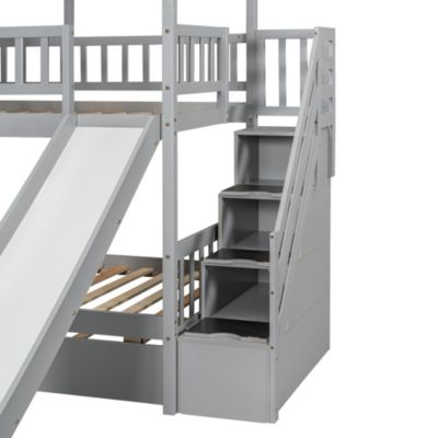 House Bunk Bed with Trundle, Slide, Storage stairway