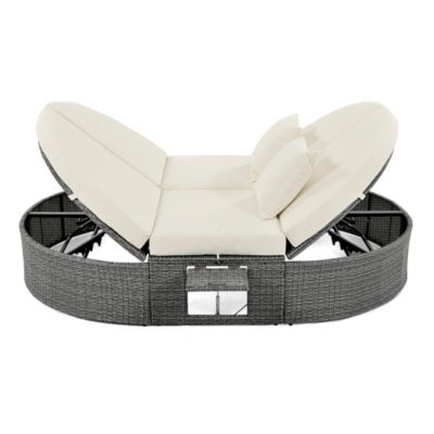 Gray Rattan Outdoor Daybed with Cushions and Cup Trays