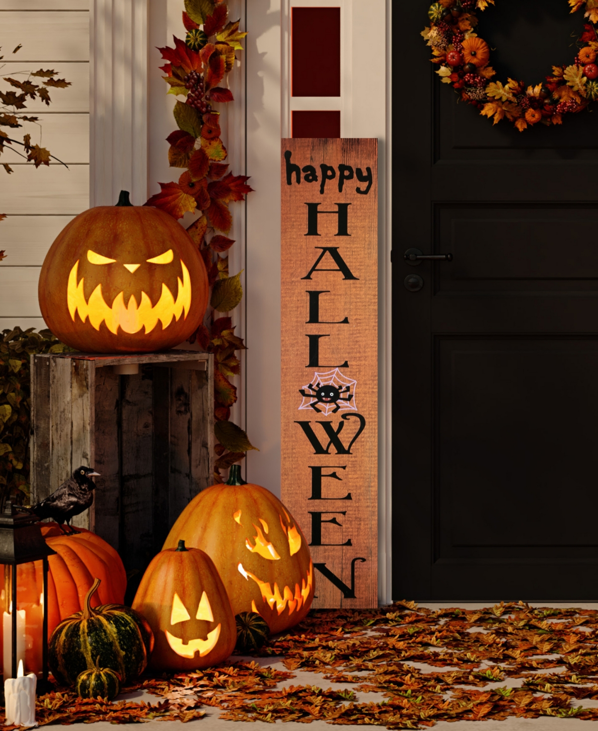 NORTHLIGHT 36" ORANGE HAPPY HALLOWEEN WITH SPIDER WOODEN PORCH BOARD SIGN DECORATION 