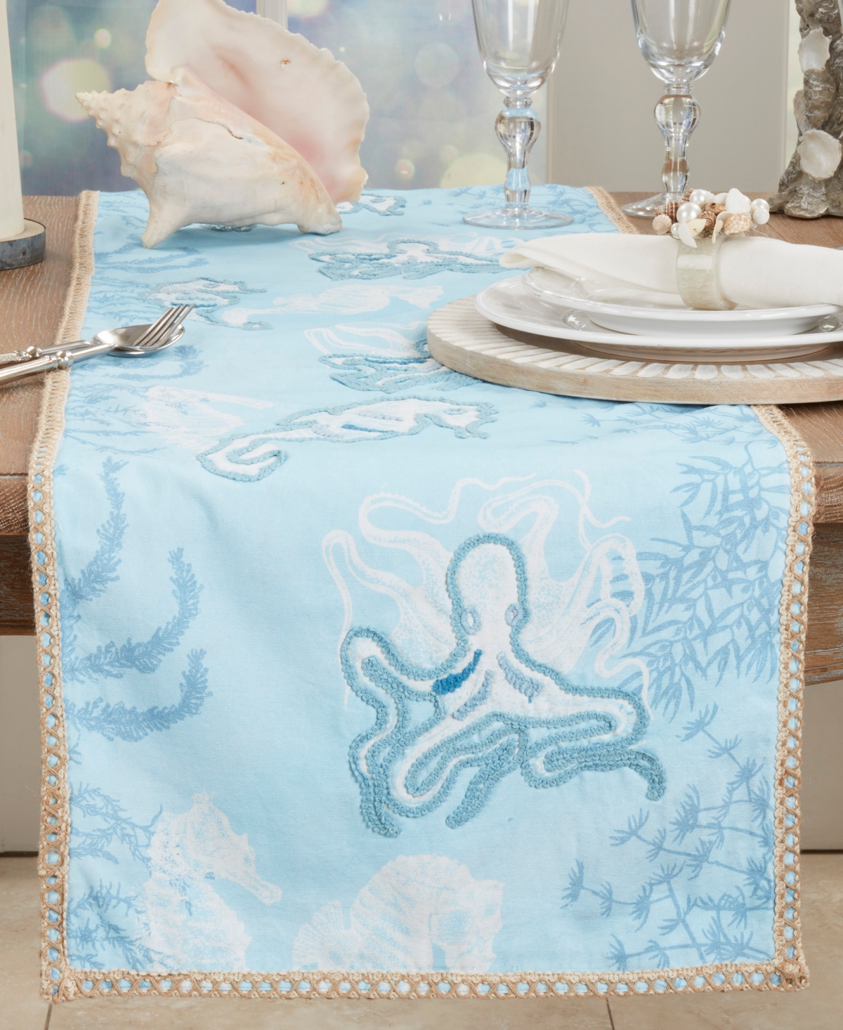 Saro Lifestyle Sealife Serenity Table Runner, 16"x72" In Blue