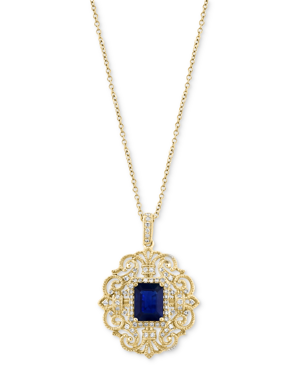 EFFY COLLECTION EFFY SAPPHIRE (1-1/2 CT. T.W.) & DIAMOND (1/4 CT. T.W.) OPENWORK FILIGREE 18" PENDANT NECKLACE IN 14 