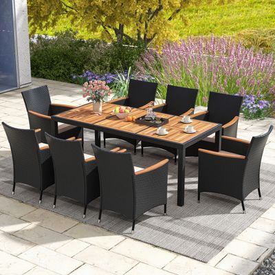 9 PCS Outdoor Dining Set with Acacia Wood Tabletop, Umbrella Hole, Seat Cushions