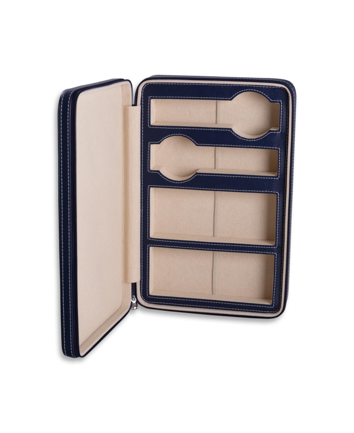 BEY-BERK LEATHER TWO WATCH AND TWO SUNGLASS TRAVEL CASE WITH FORM FIT COMPARTMENTS WITH ZIPPER CLOSURE. 
