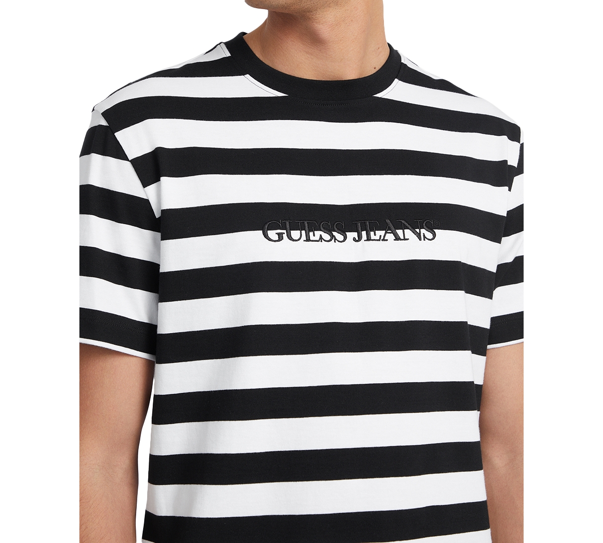 Guess Jeans Men's Regular-Fit Stripe Embroidered Logo Graphic T-Shirt - White and Black Stripes