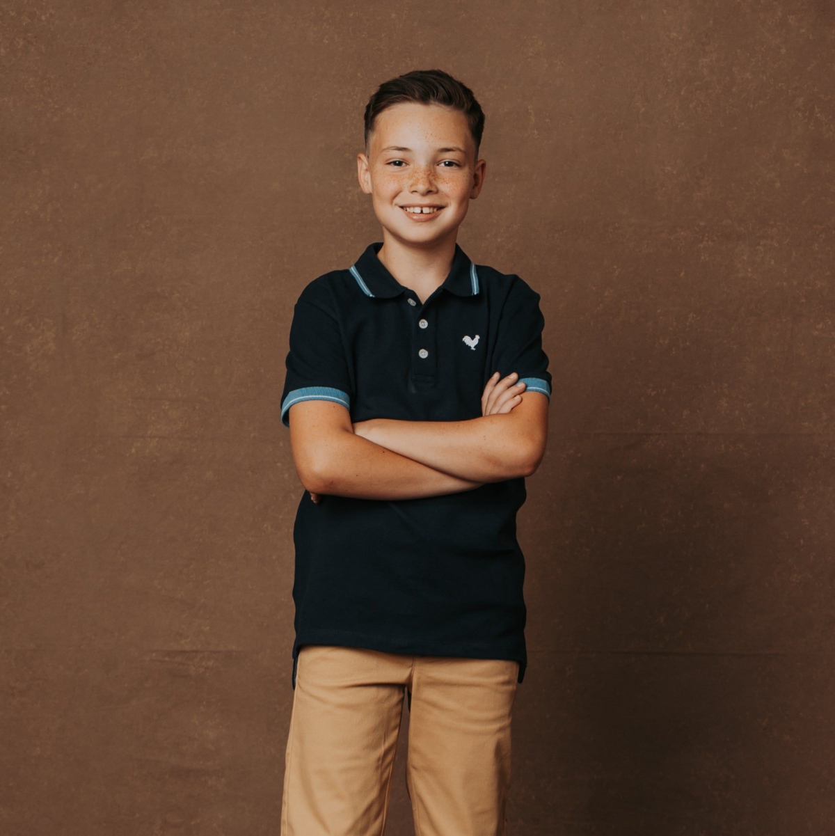 Hope & Henry Boys Organic Short Sleeve Knit Pique Polo Shirt - Navy with blue and white