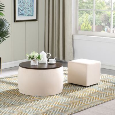 Round Ottoman Set with Storage & Coffee Table - 2 in 1 Function