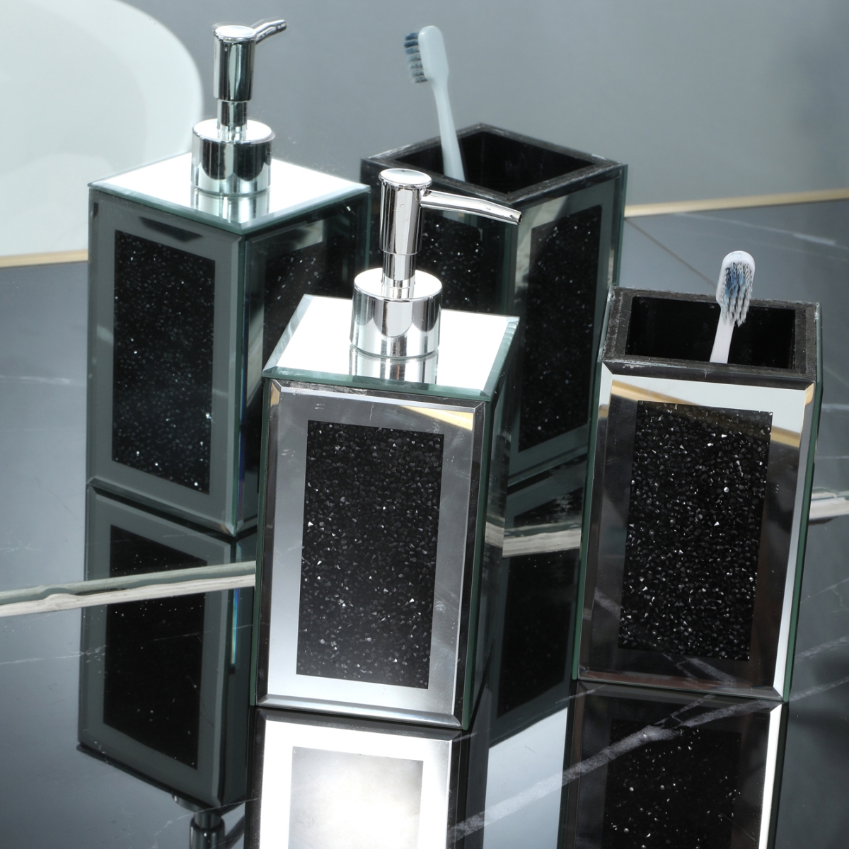 Exquisite 2 Piece Square Soap Dispenser And Toothbrush Holder - Black
