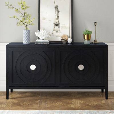 60" Rubber Wood, Acacia & MDF Retro Grooves, Metal Handles, Adjustable Shelves Sideboard Cabinet