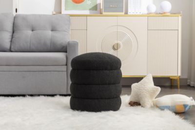 Soft Boucle Round Ottoman Footrest Stool, Black