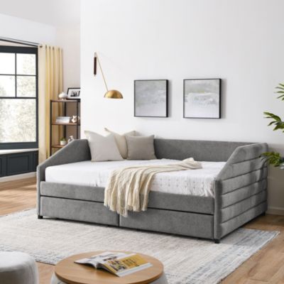 Queen Size Upholstered Daybed with Trundle, Grey