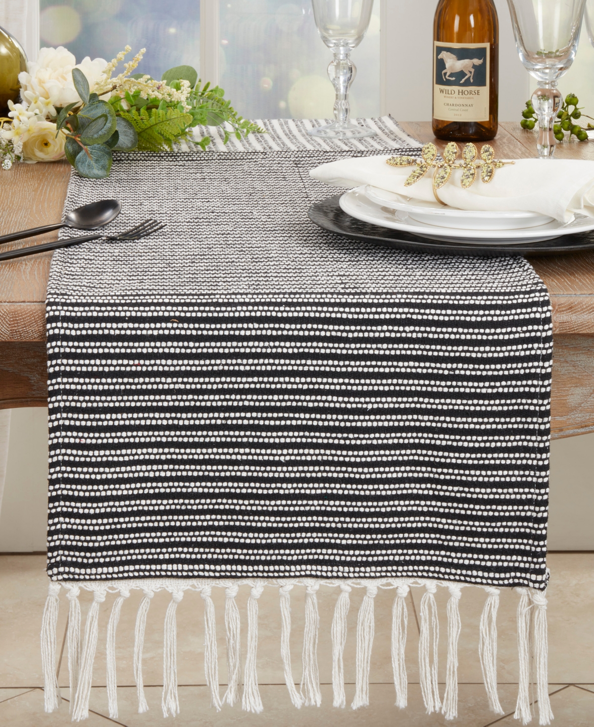 Saro Lifestyle Duo-tone Stripe Table Runner, 16"x72" In Black,white