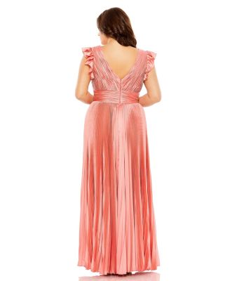 Plus Size Flutter Sleeve Pleated V-Neck Gown