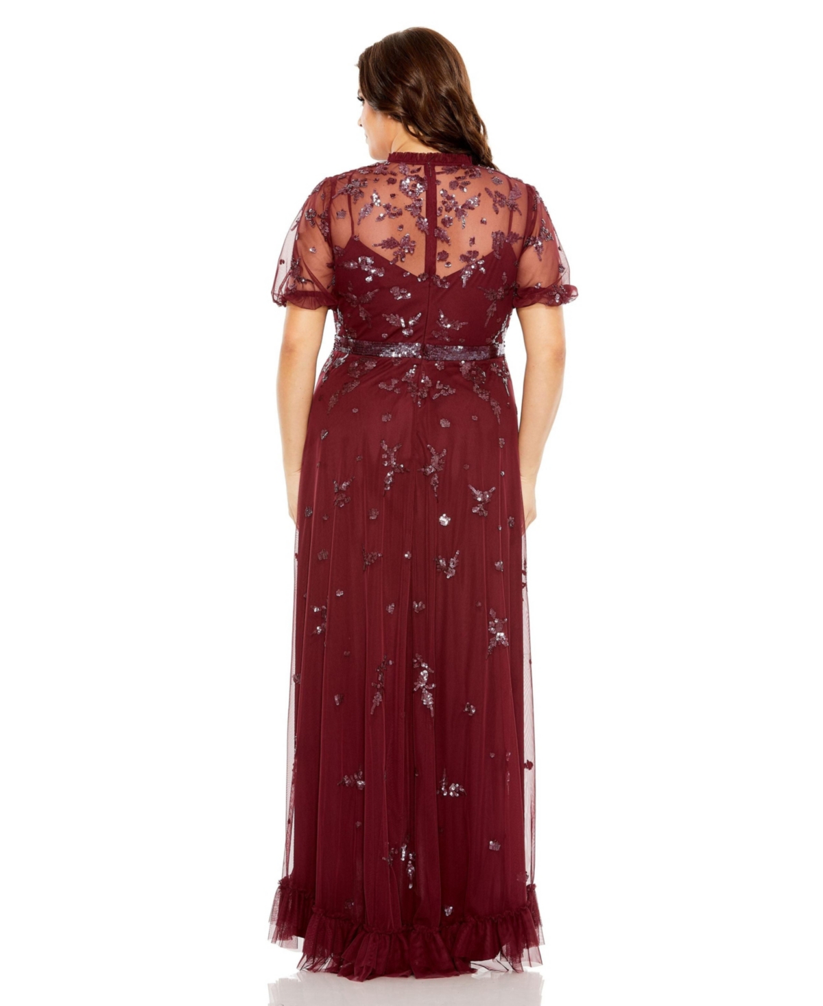 Mac Duggal Plus Size High Neck Puff Short Sleeve Embellished Faux Wrap Gown