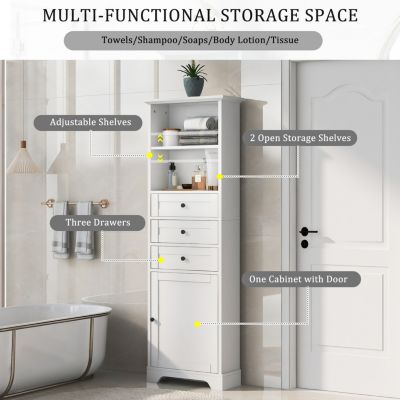 Streamdale White Tall Storage Cabinet with 3 Drawers and Adjustable Shelves