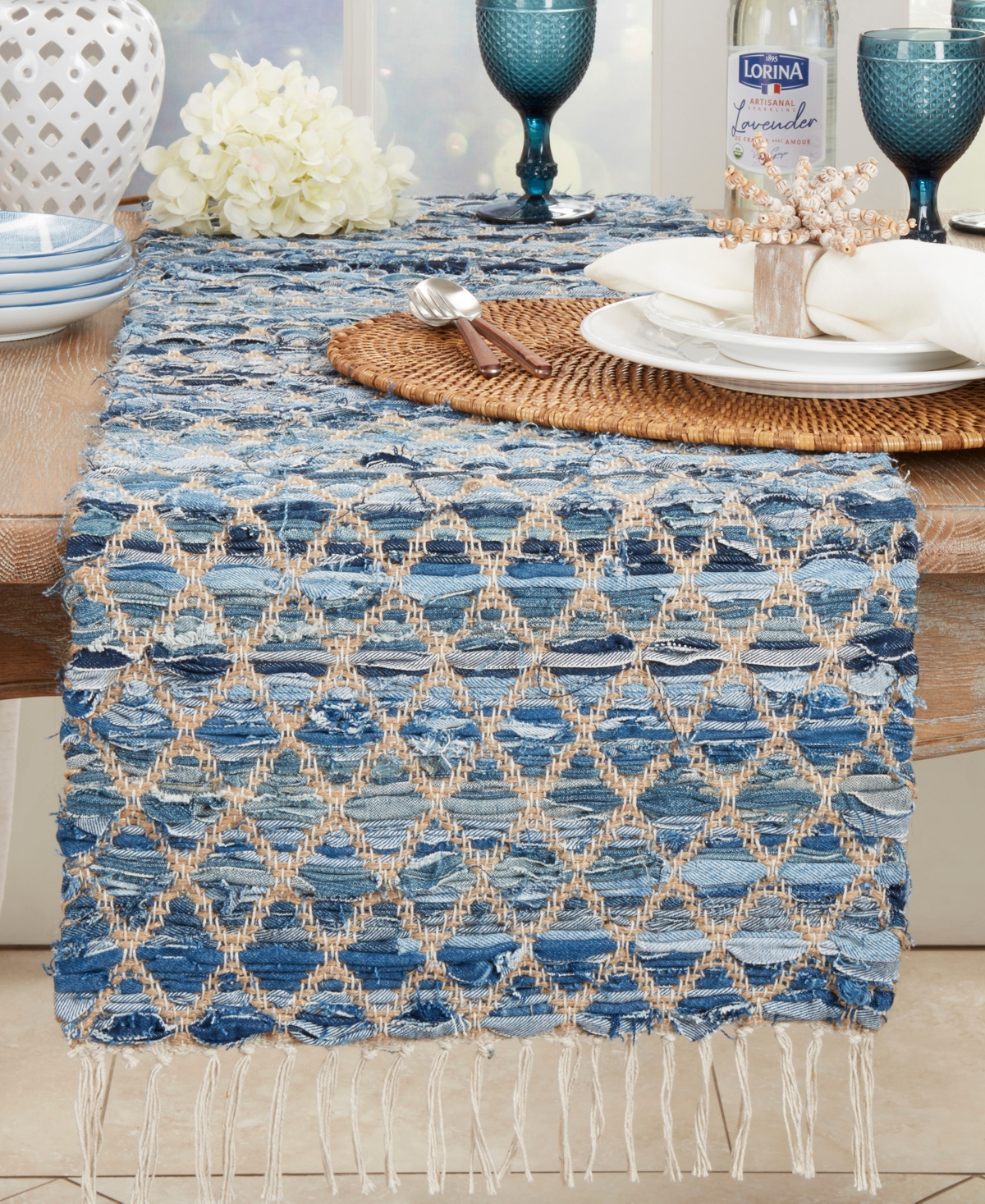SARO LIFESTYLE WOVEN CHINDI NET FRINGED TABLE RUNNER, 16"X72" 