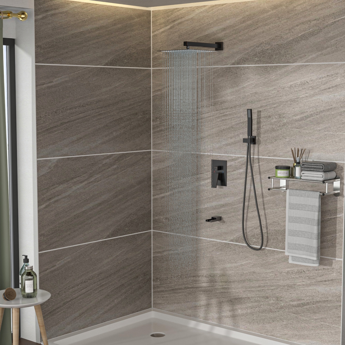 12&#x22; Rain Shower Head Systems With Waterfall Tub Spout, Oil Rubber Bronze, Wall Mounted Shower - Oil-rubbed bronze