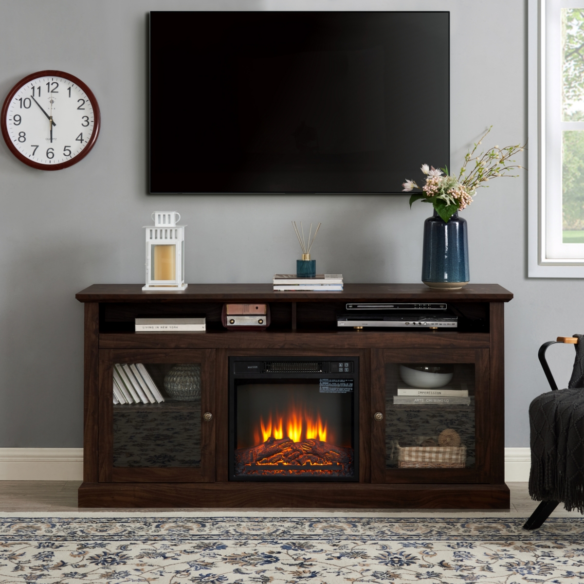 Simplie Fun Modern Tv Media Stand with 18" Fireplace Insert, 60" Wx15.75" Dx29"