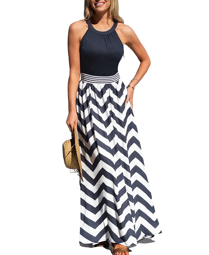 CUPSHE Women's High Neck Navy Tank Chevron Skirt Maxi Beach Dress Macy's