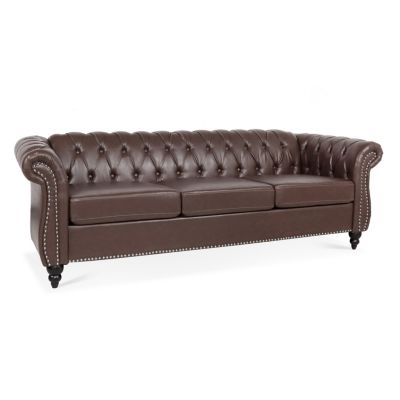 84" PU Rolled Arm Chesterfield Three Seater Sofa