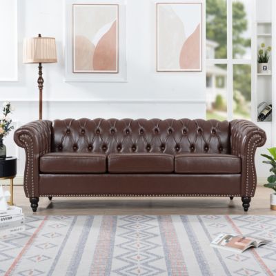 84" PU Rolled Arm Chesterfield Three Seater Sofa
