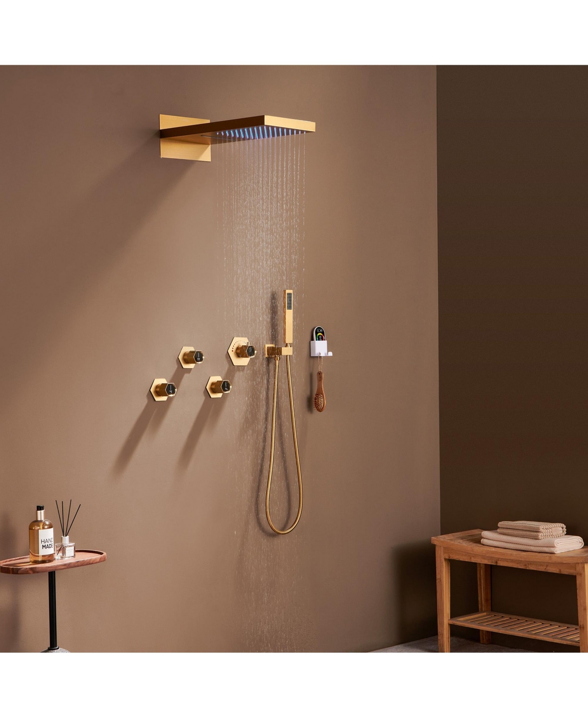 Mondawe Free Combination Handles 2 Functions 3 Sprays Wall-Mounteded Luxury Led and Music Thermostatic Shower System with Rough-in Valve in Brushed Go