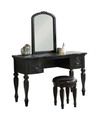 Simplie Fun Bedroom Classic Vanity Set Wooden Carved Mirror Stool Drawers Black Color