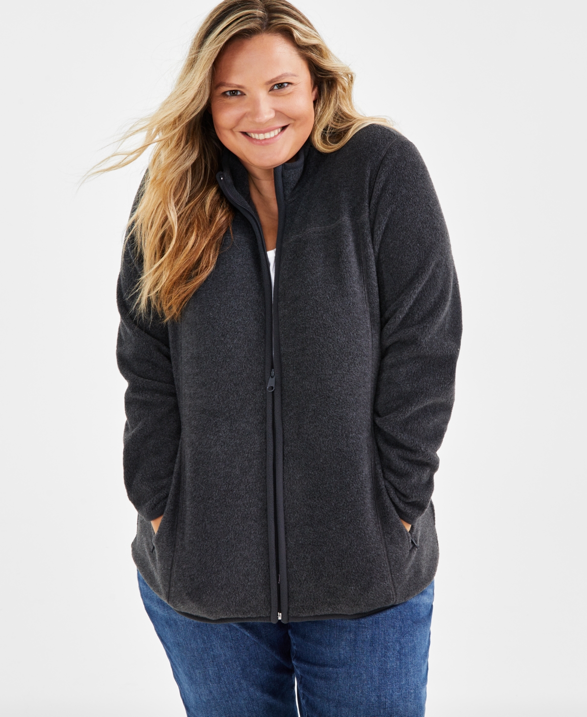 Style & Co Plus Size Solid Polar Fleece Zip-Front Jacket, Created for Macy's