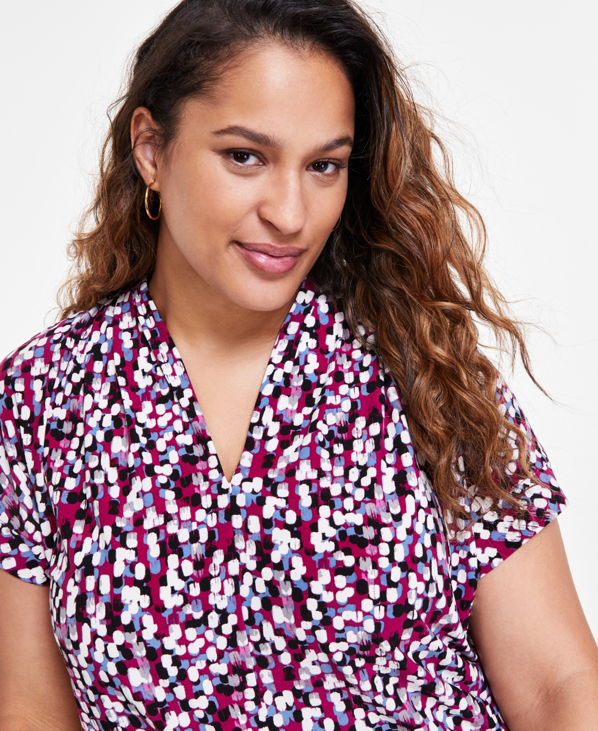 Kasper Plus Size Printed V-Neck Short-Sleeve Top -Vanilla Ice Multi