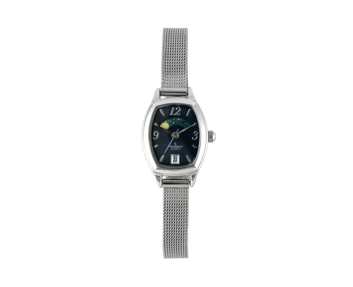 Women's Blue Dial Sun Moon Watch 30x20mm Calendar Mesh Bracelet - Silver