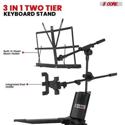 2 Tier Column Keyboard Stand Riser Piano Holder Heavy Duty Aluminium Built Attached Adjustable Music & Mic Stands Height 51.2 Inch for 61 76 88 Keys Foldable Easy to Carry in Bag