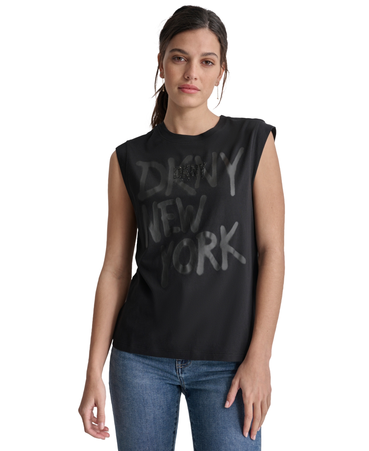 Dkny Women's Rhinestone-Logo Graffiti Graphic Tank Top - BLK - BLACK