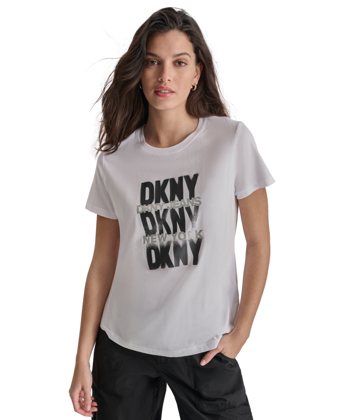 Dkny Women's Glitter Stencil Logo Graphic T-Shirt - BKV - BLK/WHT/SLV