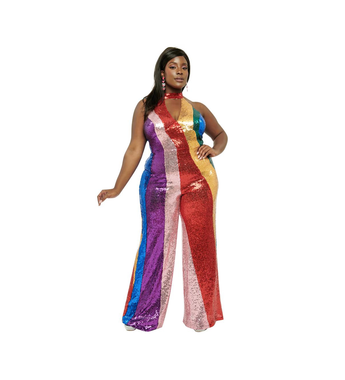Plus Size 1960s Glamour Goddess Jumpsuit - Rainbow sequins