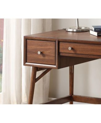 Brown Finish Stylish Writing Desk Storage Drawers Nickel Knob Hardware Walnut Veneer Wood Furniture